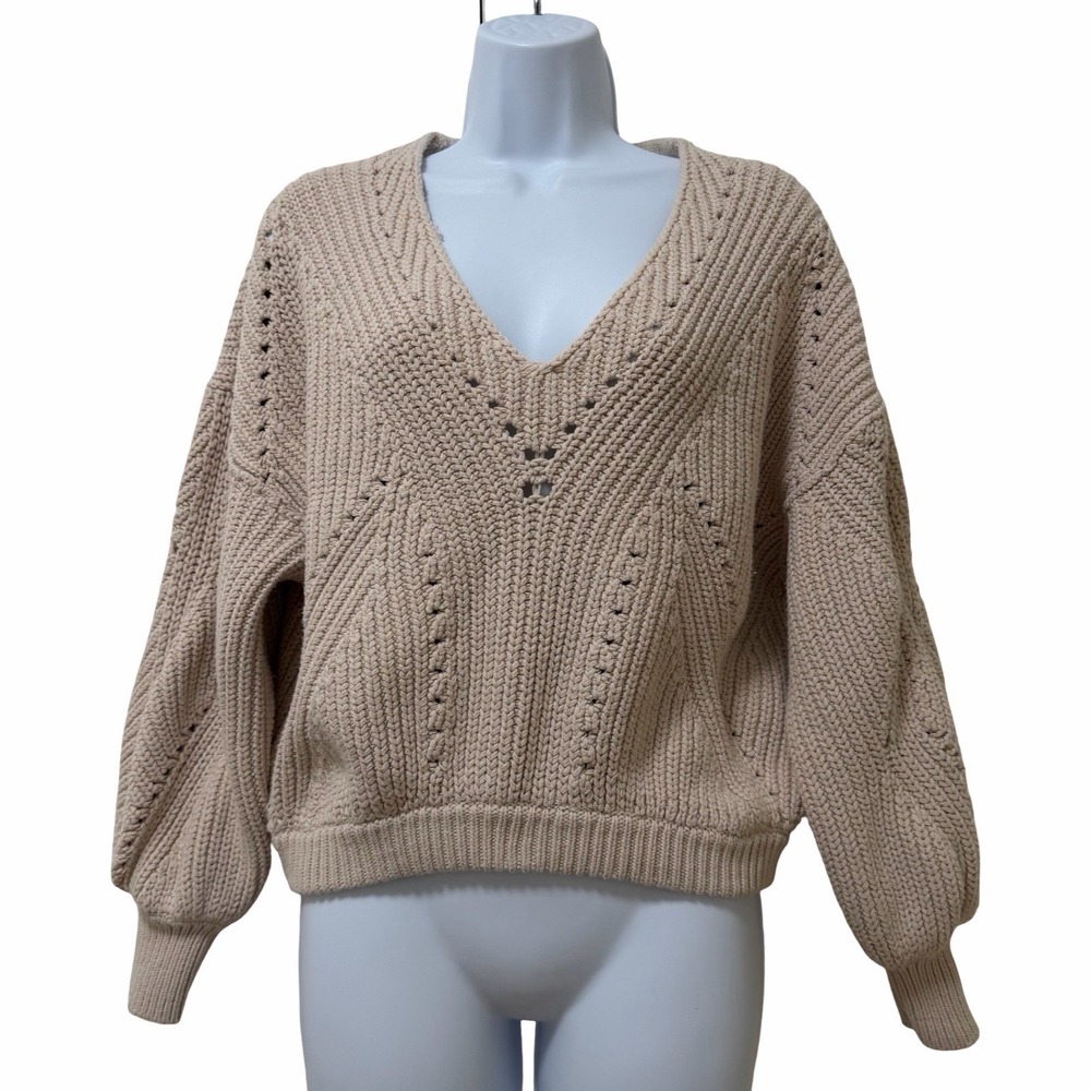 Free People All Day Long Oversized Pullover V Neck Sweater Size XS Cream Boho